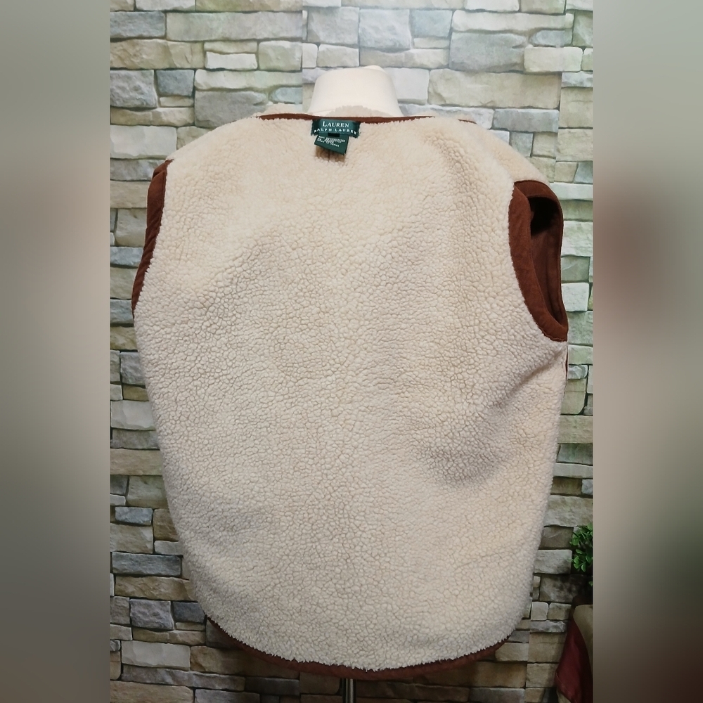 Lauren Ralph Lauren Brown Faux Suede Hooded Vest Sherpa Lining Large Cottagecore - Picture 4 of 5